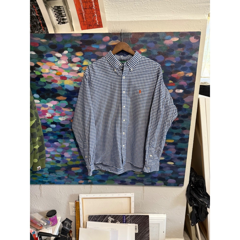 Ralph Lauren Mens Classic Fit Gingham Button Down Shirt Blue White Large L